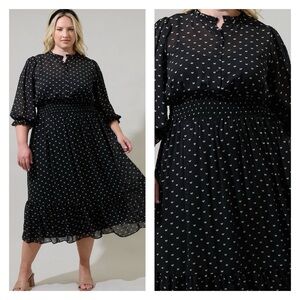 Irene Black and White Bow Smocked Midi Dress - Curvy by sugarlips